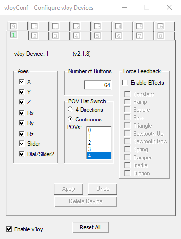 VJoy configuration dialog